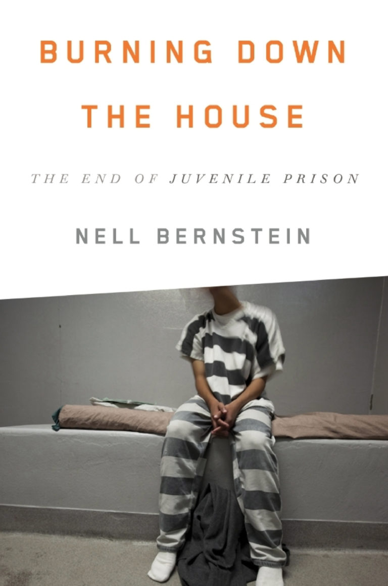 A book cover with a person in jail sitting on the couch.